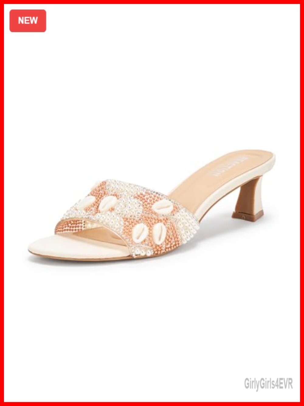 Womens Beaded Slide Sandal Mid Heel Cushioned Slip On